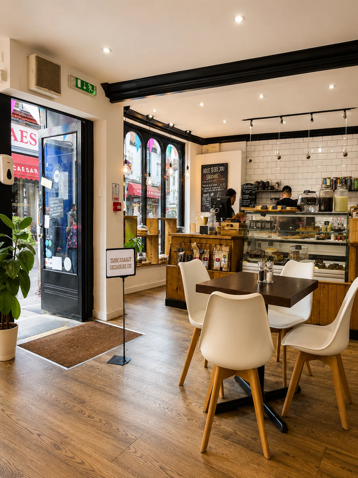 The bright café interior with window seating, service counter and cake display