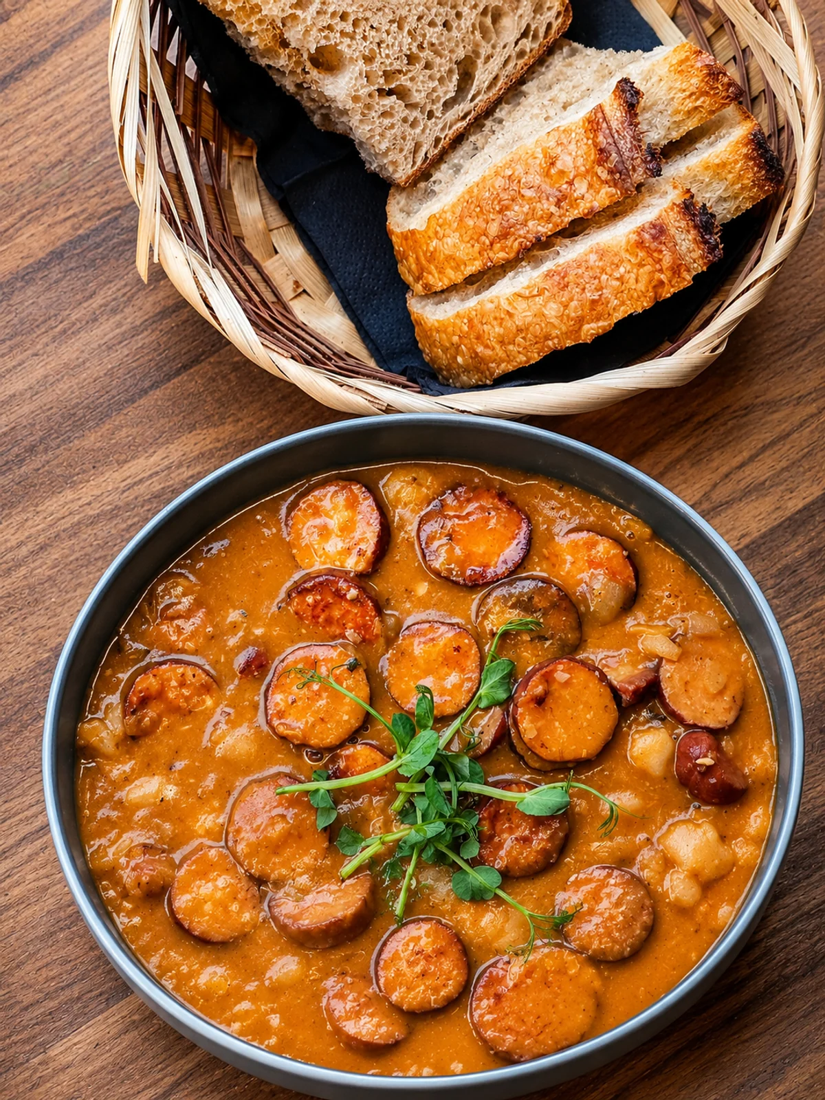 A rich sausage and bean stew served with a basket of sourdough bread