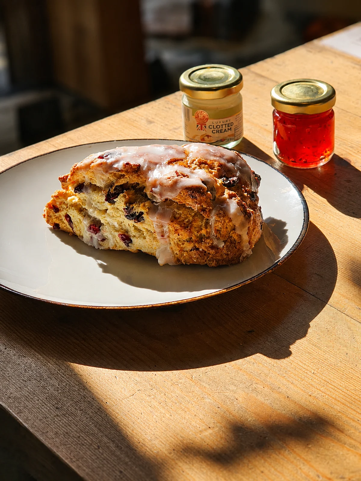 A freshly baked fruit scone served with clotted cream and red jam
