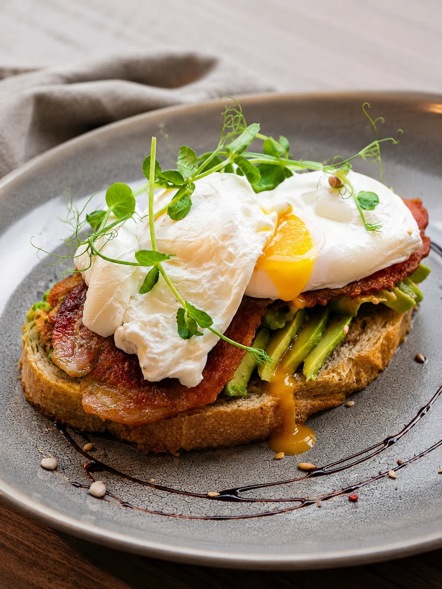 Poached eggs, bacon and avocado served on sourdough toast