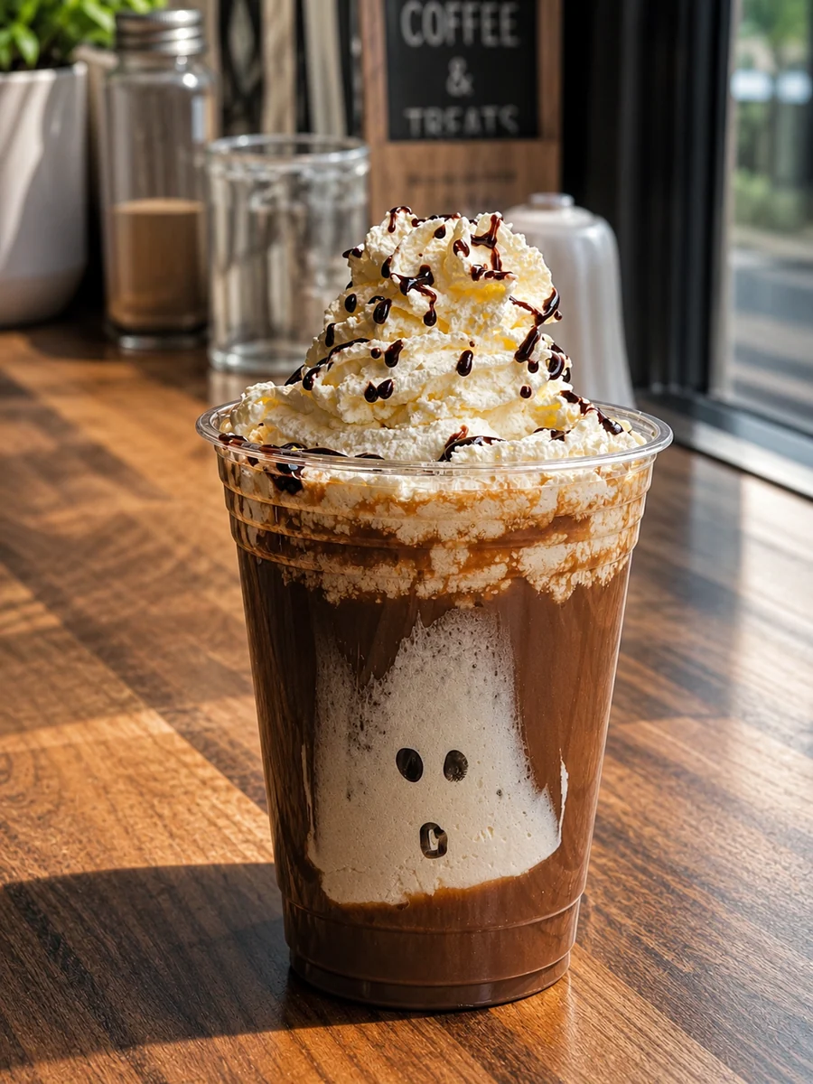 An iced chocolate topped with whipped cream and chocolate sauce