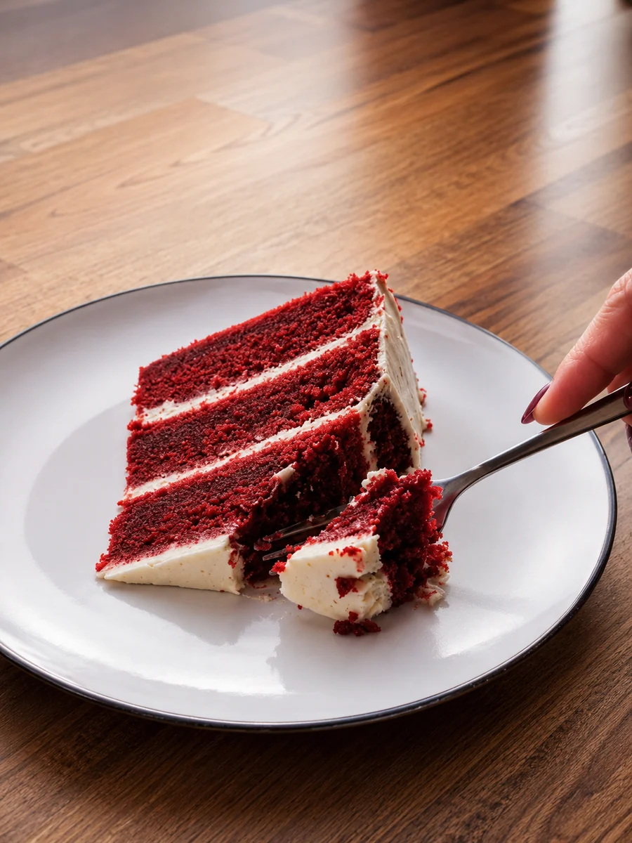A slice of red velvet cake served at Nice To See You Cafe